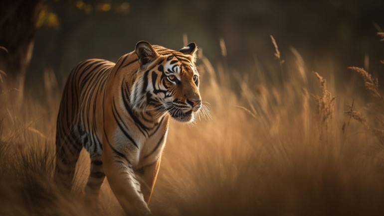 A stunning Bengal tiger resting under the dappled sunlight in India's wildlife sanctuaries.
