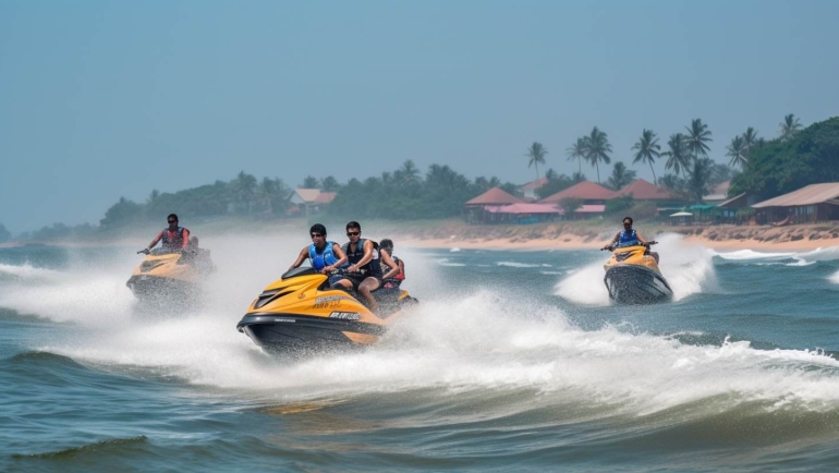 Group of friends enjoying thrilling water sports in Goa, including jet skiing and parasailing.