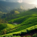 Panoramic view of Valparai, showcasing lush green tea plantations and mist-covered hills.