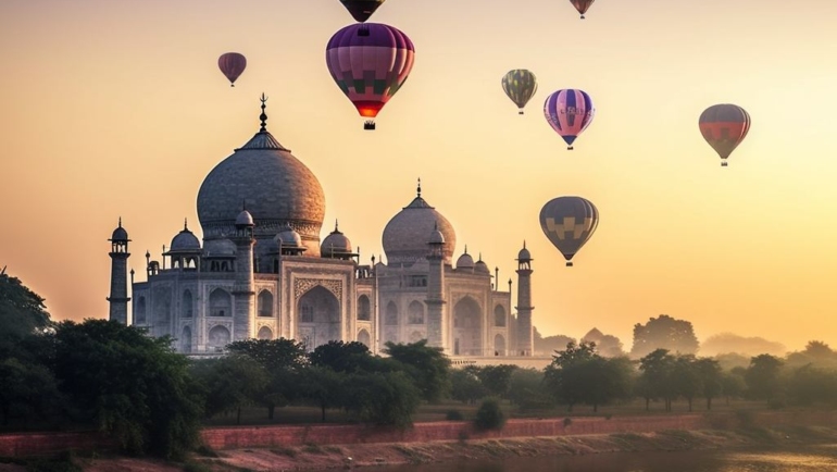 A hot air balloon gracefully floating over the Taj Mahal, capturing the essence of a magical journey across India's diverse landscapes.