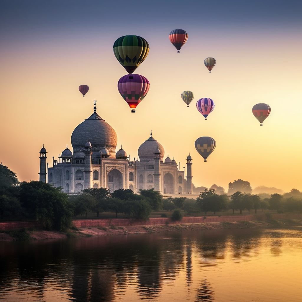 A hot air balloon gracefully floating over the Taj Mahal, capturing the essence of a magical journey across India's diverse landscapes.