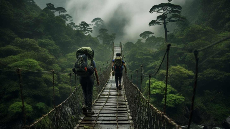 Majestic mountain landscape with a winding trail through lush greenery, showcasing India's hidden trekking gems.