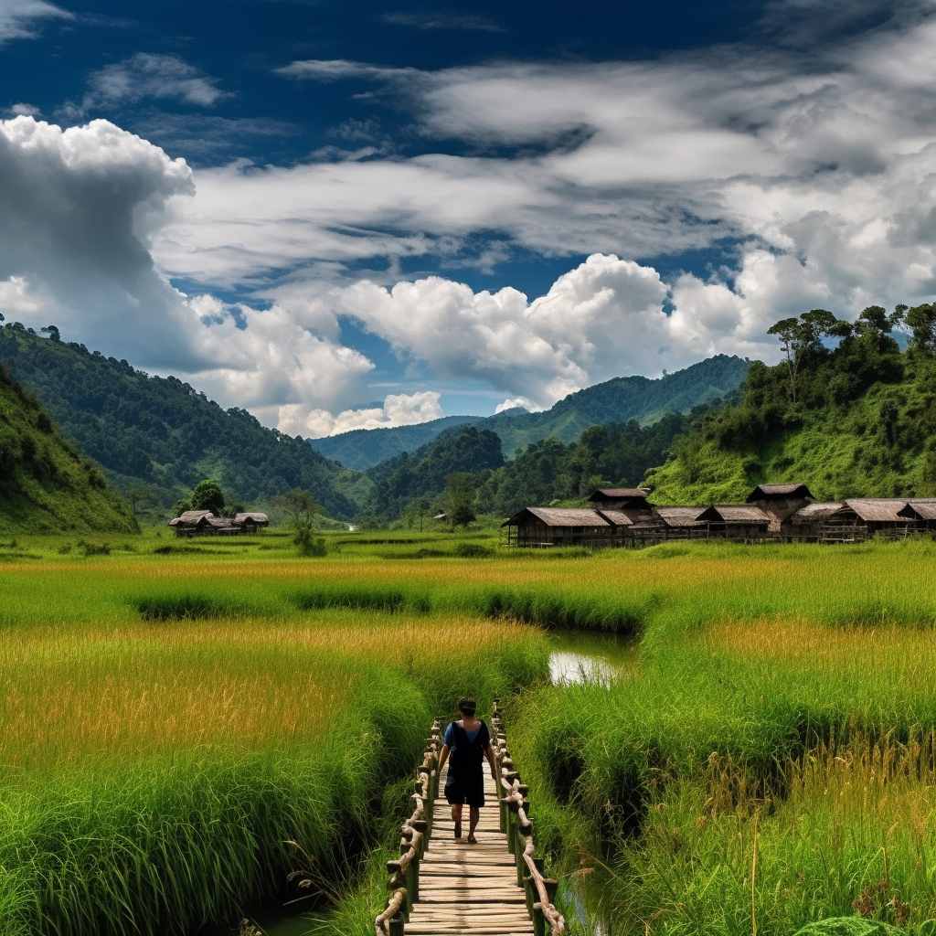 Sunset over Ziro Valley, showcasing lush green landscapes and rolling hills.