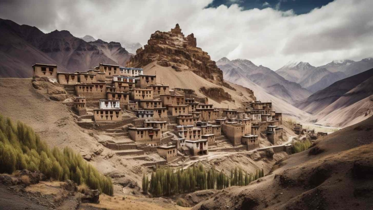 A breathtaking view of the snow-capped mountains in Spiti Valley, Himachal Pradesh.