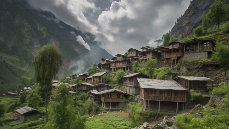 A panoramic view of Malana Village nestled in the Himalayas.