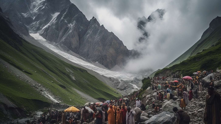 A group of pilgrims trekking towards the sacred Amarnath Cave amidst snow-capped mountains.